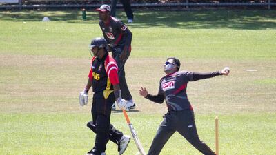 Khurram Khan, the UAE captain, took two wickets against Papua New Guinea in Darwin, Australia, on September 18, 2014, with his left arm spin. Courtesy Cricket Australia.