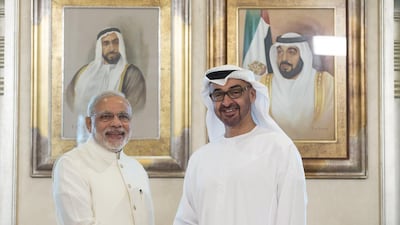 Sheikh Mohammed bin Zayed and Mr Modi met during the prime minister’s visit last year. Ryan Carter / Crown Prince Court Abu Dhabi