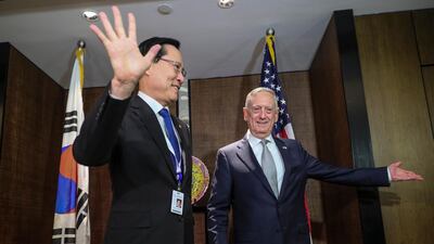 South Korean National Defense Minister Song Young-moo and US Secretary of Defense James Mattis arrive for a bilateral meeting at the sidelines of the International Institute for Strategic Studies (IISS) 17th Asia Security Summit in Singapore. Wallace Woon / EPA