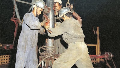 Oil workers on Murban 3 at Bab, about 80 kilometres south-west of Abu Dhabi, in 1960. Courtesy Adnoc Drilling