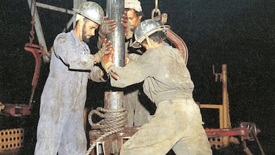 Oil workers on Murban 3 at Bab, about 80 kilometres south-west of Abu Dhabi, in 1960. Courtesy Adnoc Drilling