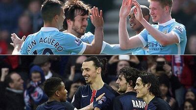 Manchester City, top, are in the Champions League quarter-finals for the first time, while Paris Saint-Germain are making their fourth appearance in the last eight. (Matthew Childs / Action Images / Reuters and Martin Bureau / AFP)