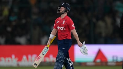 Ben Duckett reacts as he walks off the field after losing his wicket. AP