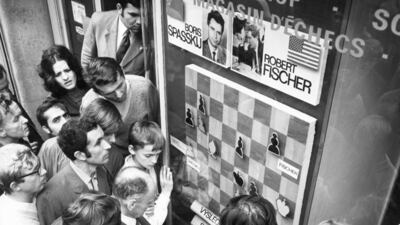 The World Chess Championships between Bobby Fischer and Boris Spassky was a huge phenomenon in 1972. Crowds gathered around shop windows showing the latest moves. Sovfoto /UIG via Getty Images)