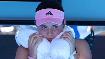 Tennis - Australian Open - First Round - Melbourne Arena, Melbourne, Australia. Latvia's Jelena Ostapenko wraps a towel filled with ice around her neck during the match against Greece's Maria Sakkari. Reuters