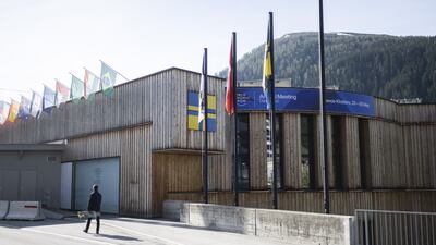 Flags fly outside the congress centre.