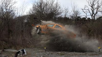 An S80 travels out of the Volvo Cars Safety Centre at a speed of 80kph for a road departure test. The car suffered a badly damaged front end but, had the test dummies been real people, the air bags would have saved them.
