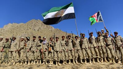 Afghan resistance movement and anti-Taliban uprising forces during military training in Dara district, Panjshir province. AFP