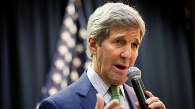 US secretary of state John Kerry speaks to US embassy staff in Riyadh, Saudi Arabia on January 24, 2016, before leaving Saudi Arabia. Mr Kerry reassured Saudi Arabia of its strong ties with Washington during the trip. Jacquelyn Martin/AP Photo