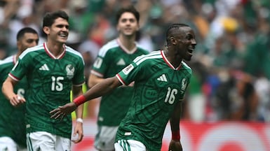 Julian Quinones celebrates scoring the opening goal for Mexico at the 2026 World Cup in their win over South Africa. AFP