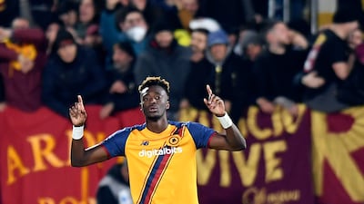 Roma's Tammy Abraham celebrates scoring against Spezia in the Serie A game at the Alberto Picco Stadium on Sunday, February 27, 2022. AP