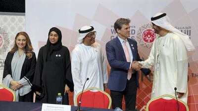 From left: Tala Al Ramahi, chief strategy officer for Special Olympics World Games Abu Dhabi, Hessa Buhumaid, Minister of Community Development, Mohammed Al Junaibi, chairman of the Higher Committee for Special Olympics World Games, Dr Timothy Shriver, chairman of Special Olympics International, and Dr Sultan Al Jaber, Minister of State and chief executive of Adnoc Group, speak of the enduring legacy the Games will have the in UAE. Pawan Singh / The National