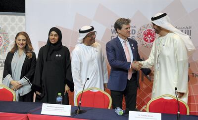 From left: Tala Al Ramahi, chief strategy officer for Special Olympics World Games Abu Dhabi, Hessa Buhumaid, Minister of Community Development, Mohammed Al Junaibi, chairman of the Higher Committee for Special Olympics World Games, Dr Timothy Shriver, chairman of Special Olympics International, and Dr Sultan Al Jaber, Minister of State and chief executive of Adnoc Group, speak of the enduring legacy the Games will have the in UAE. Pawan Singh / The National