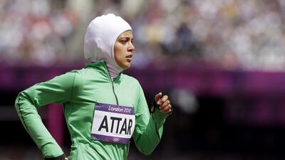 Saudi Arabia's Sarah Attar competes in a women's 800-meter heat during the athletics in the Olympic Stadium at the 2012 Summer Olympics, London on August 8, 2012. Attar is the first Saudi woman to compete in athletics during the Olympics. Anja Niedringhaus / AP Photo