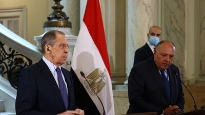 Russian Foreign Minister Sergei Lavrov and Egyptian Foreign Minister Sameh Shoukry spoke to the news media their meeting in Cairo. Russian Foreign Ministry / Handout via Reuters