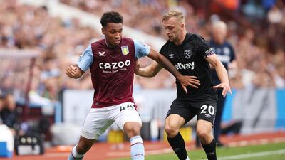 Boubacar Kamara of Aston Villa holds off Jarrod Bowen of West Ham. Getty Images