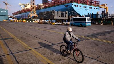 A general view of an under-construction Maersk triple-E class container ship. Ed Jones / AFP