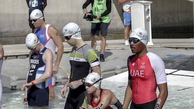 The triathletes at the start of the race. Victor Besa / The National