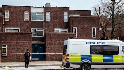 Police on the scene of a stabbing in Edmonton on March 31 in London, England. Four people were stabbed in London over the weekend. Getty