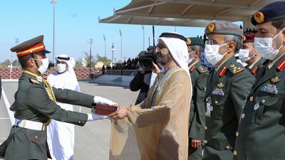 Sheikh Mohammed bin Rashid, Vice President and Ruler of Dubai, attends the graduation ceremony of the 46th batch of cadet officers at Zayed II Military College in Al Ain. Dubai Media Office