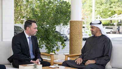 President Sheikh Mohamed meets Marcell Biro, chief national security adviser to Prime Minister Viktor Orban of Hungary, at Al Shati Palace in Abu Dhabi. Wam