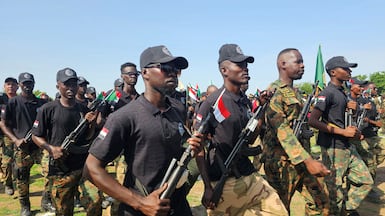 Sudanese army solders take part in a military parade on August 17, 2026, in the city of Gedaref in eastern Sudan during celebrations to mark the 72nd anniversary of the Sudanese Armed Forces. AFP