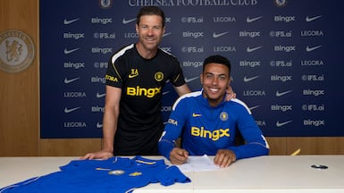 Morgan Rogers with new Chelsea manager Xabi Alonso after completing his move from Aston Villa. Getty Images