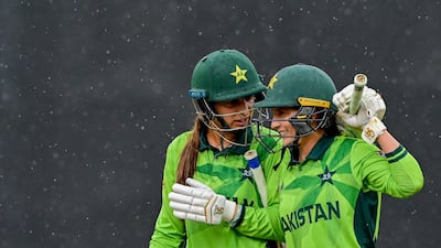Pakistan's Aliya Riaz and Natalia Pervaiz walk off the field during their ICC Women's Cricket World Cup one-day international match against New Zealand in Colombo. AFP