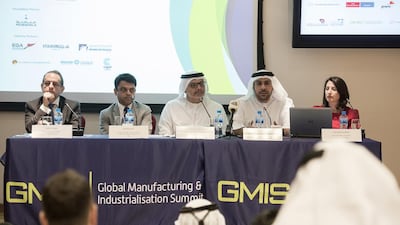 Badr Al Olama, second from right, the chief executive of Strata Manufacturing and one of the GMIS organisers, says he expects an even split of private and public/semi-public companies at the summit. Vidhyaa for The National