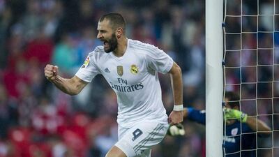 Karim Benzema of Real Madrid celebrates after scoring his team's second goal, also his second, in their La Liga win over Athletic Bilbao on Wednesday night. Juan Manuel Serrano Arce / Getty Images / September 23, 2015