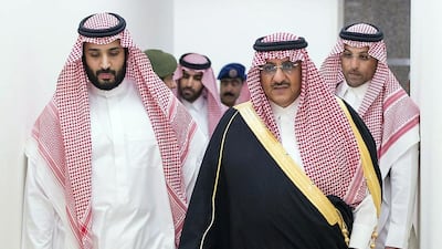 King Salman’s son, Prince Mohammed bin Salman, left, was named deputy crown prince while his uncle Prince Mohammed bin Nayef, right, was named crown prince by King Salman on April 29, 2015. File photo released by Saudi Press Agency/AFP Photo
