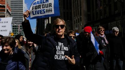 Sir Paul McCartney takes part in the March for Our Lives Rally near Central Park West in New York on March 24, 2018. Galvanised by a massacre at a Florida high school, hundreds of thousands of Americans took to the streets in cities across the United States on Saturday in the biggest protest for gun control in a generation. AFP