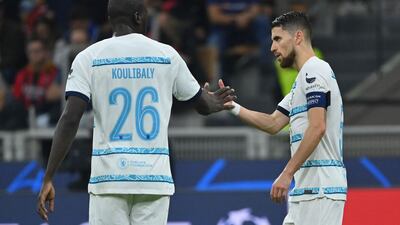 Chelsea midfielder Jorginho celebrates with Kalidou Koulibaly after scoring. AFP