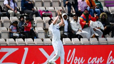 India fielder Jasprit Bumrah of India takes a catch to dismiss Kyle Jamieson on the boundary for 21. Getty