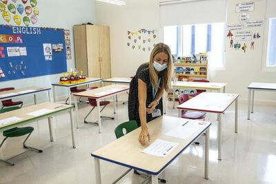 Teacher Amy Rowlings, ready in her grade six classroom at Gems Wellington Academy for new pupils to arrive. Antonie Robertson / The National