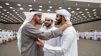 President Sheikh Mohamed speaks with Sheikh Hamdan bin Saeed and Sheikh Zayed bin Saeed, following the death of Sheikh Saeed bin Zayed. Photo: UAE Presidential Court
