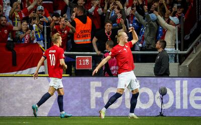 Norway's Erling Haaland, celebrates scoring against Sweden during a Uefa Nations League match with Martin Odegaard, June 5, 2022. Reuters
