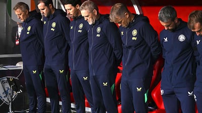 Members of the Republic of Ireland team during the Israeli national anthem ahead of their Uefa Nations League match in Debrecen, Hungary. AFP