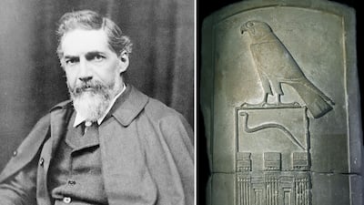 Portrait of explorer William F. Petrie (1853-1942) and the stela of King Djet from his tomb at Abydos, Egypt. Getty Images