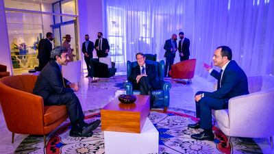 Sheikh Abdullah bin Zayed, Minister of Foreign Affairs and International Co-operation, talks with Nicos Anastasiades, President of Cyprus, centre, and Nikos Christodoulides, the country's Minister of Foreign Affairs. Wam
