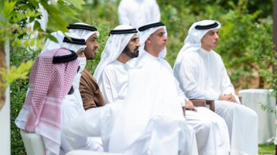 Sheikh Mohammed bin Rashid and Sheikh Mohamed bin Zayed with Sheikh Mansour bin Zayed, Deputy Prime Minister and Minister of Presidential Affairs, right, and Sheikh Saif bin Zayed, Deputy Prime Minister and Minister of Interior, second right.