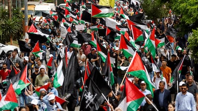 Palestinians mark the 74th anniversary of the Nakba in Ramallah. Reuters