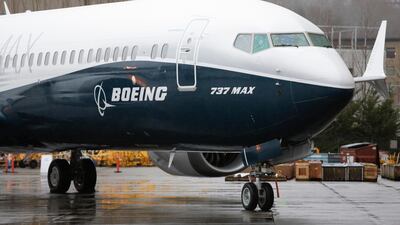 The first Boeing 737 Max 9 plane pictured during its rollout for media at the Boeing factory in Washington. AFP