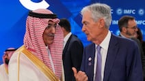 Saudi Arabia's Finance Minister Mohammed Al Jadaan with US Fed Chairman Jerome Powell during this year's IMF and World Bank Spring Meetings in Washington. Reuters