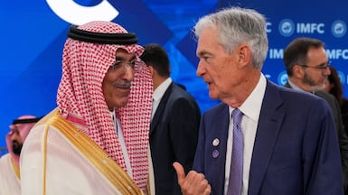 Saudi Arabia's Finance Minister Mohammed Al Jadaan with US Fed Chairman Jerome Powell during this year's IMF and World Bank Spring Meetings in Washington. Reuters