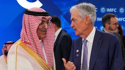 Saudi Arabia's Finance Minister Mohammed Al Jadaan with US Fed Chairman Jerome Powell during this year's IMF and World Bank Spring Meetings in Washington. Reuters