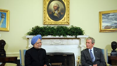 Mr Singh with then US president George W Bush in the Oval Office of the White House in Washington, in 2008. AFP