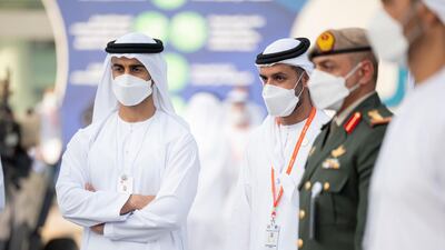 Sheikh Hamdan bin Mohamed and Sheikh Mohammed bin Hamad tour Idex at Adnec. Ministry of Presidential Affairs