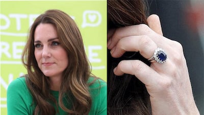 Kate Middleton, Duchess of Cambridge's sapphire ring surrounded by diamonds, which previously belonged to Princess Diana