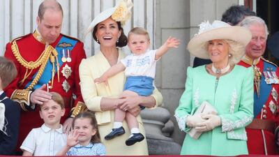 Prince William, Duke of Cambridge, Catherine, Duchess of Cambridge, Prince Louis of Cambridge, Prince George of Cambridge and Princess Charlotte of Cambridge during Trooping the Colour, the Queen's annual birthday parade, on June 8, 2019 in London, England. Getty Images